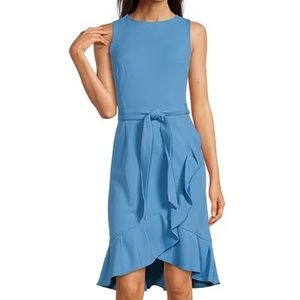 Calvin Klein Scuba Crepe Round Neck Sleeveless Ruffle Tulip Hem Tie Waist Sz 14